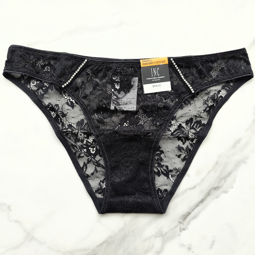 NWT INC INTERNATIONAL CONCEPTS EMBELLISHED LACE BIKINI PANTY IN DEEP BLACK MEDIU